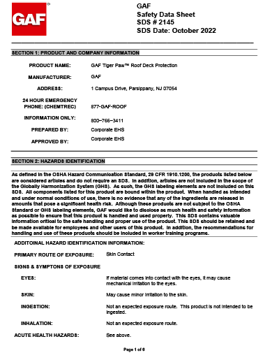 Tiger Paw™ Premium Roof Deck Protection SDS - 2145