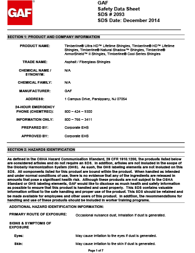 Timberline® Shingles SDS - 2093