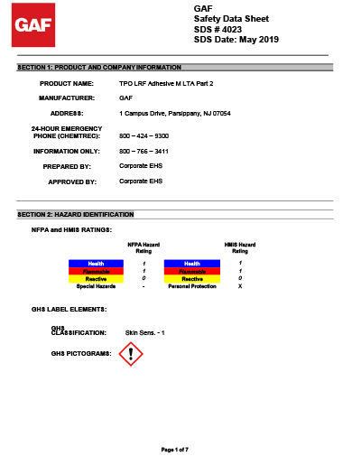 GAF TPO LRF Adhesive M Low Temp Part 2 SDS - 4023