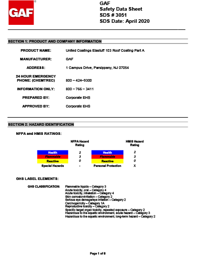 GAF Elastuff® 103 Roof Coating Part A SDS - 3051