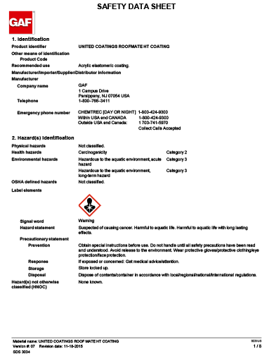 GAF High-Tensile Acrylic Top Coat SDS - 3034