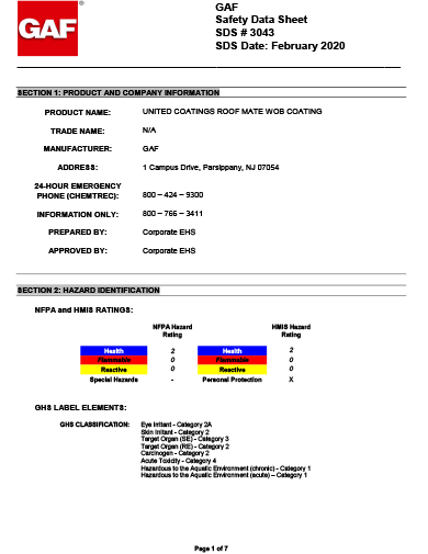 GAF WOB Acrylic TopCoat® SDS - 3043