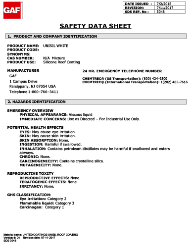 GAF Unisil Silicone Roof Coating SDS - 3048