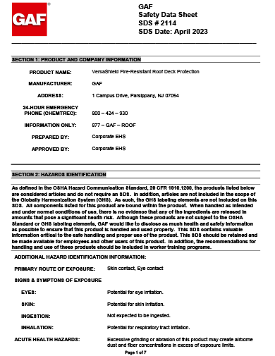 VersaShield® Fire-Resistant Roof Deck Protection SDS - 2114